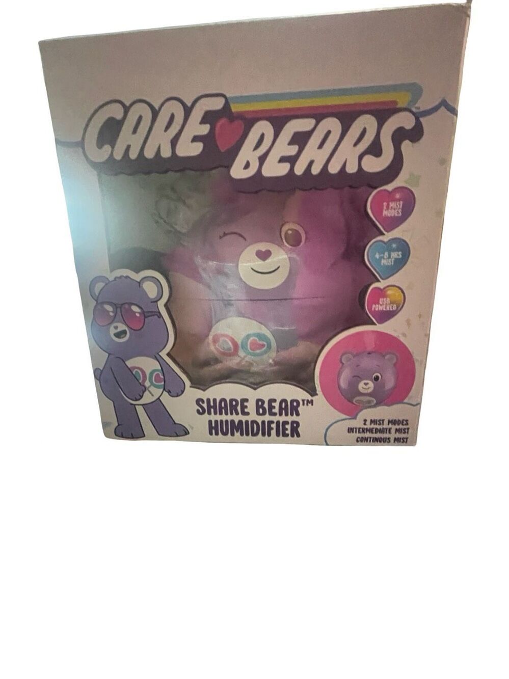New In Box Care Bears Share Bear Purple USB Powered 2 Mist Modes Humidifier